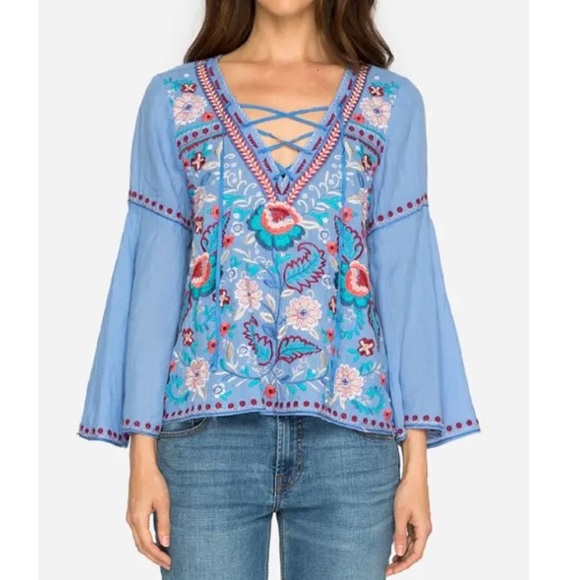 Johnny Was Tops - Blue Belle!  JOHNNY WAS (EUC, Size L) Lace Up Top w/Embroidered Bell Sleeves